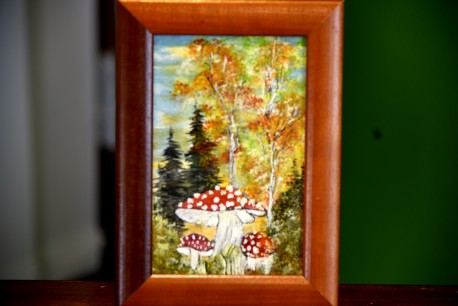 Amanita muscaria, Fliegenpilze im Wald, Miniatur, unsigniert, 1954