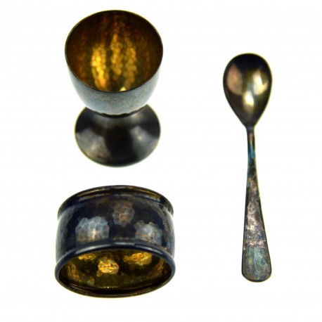 Eierbecher, Löffel & Serviettenring im Étui - 835 Sterling Silber, Birmingham 1966